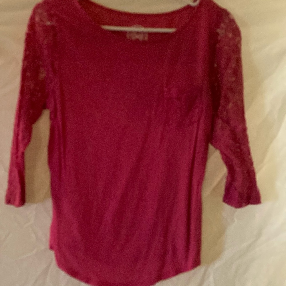 Red 3/4 Sleeve Blouse with Lace Detail